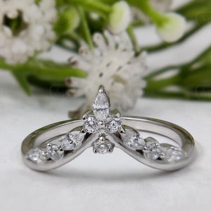 Curved Wedding Bands Women, V Shaped Ring, Chevron Stacking Ring, Enhancer Silver, Moissanite Ring, Unique Matching Ring, Anniversary Gift