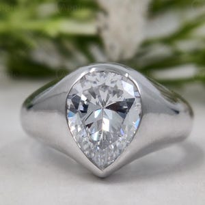 Teardrop Moissanite Solitaire Engagement Ring, Bezel Set Pear Shaped Signet Pinky Ring For Women, Chunky Statement Ring For Her