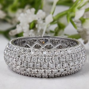 Micro Pave Moissanite Wedding Band Women, Multi Row Pave Diamond Anniversary Rings, Full Eternity Band, Gold & Silver Wide Promise Ring