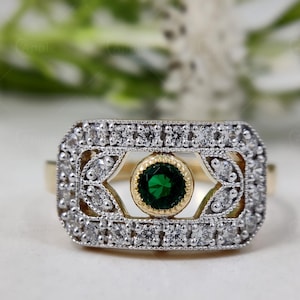 Art Deco Vintage Engagement Ring, Antique Vintage Ring, Milgrain Wedding Ring, Estate Ring, Two Tone Ring, Emerald Promise Rings For Women