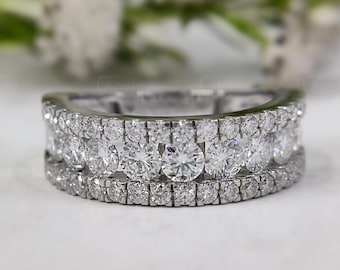 Moissanite Three Row Half Eternity Wedding Band, 18K Gold Wide Stackable Anniversary Ring
