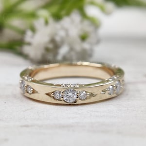 Art Deco Moissanite Lacie Wedding Band, Full Eternity 10K Gold Stackable Ring, 3 sided stone band