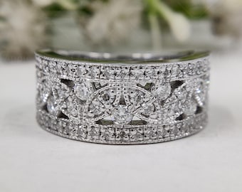 Vintage Art Deco Milgrain Moissanite Wedding Band, 10K/14K White Gold Anniversary Ring