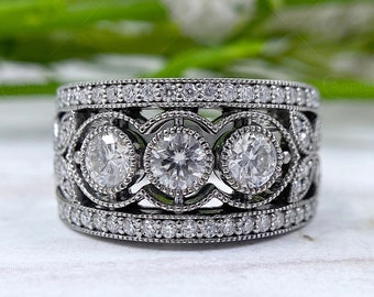Vintage Inspired Filigree Moissanite Wide Wedding Band, Milgrain Flower Shape Art Deco Anniversary Ring