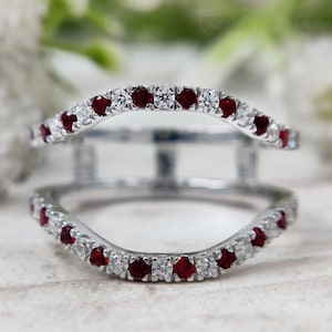 Alternating Red Ruby And Moissanite Ring Enhancers And Wraps, Double Curved Wedding Bands Women, Ruby Ring Jacket For Women, Ring Guard