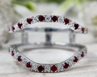 Alternating Red Ruby And Moissanite Ring Enhancers And Wraps, Double Curved Wedding Bands Women, Ruby Ring Jacket For Women, Ring Guard