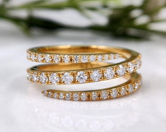 Moissanite Open Coil Ring, Spiral Finger Wrap Ring, 18K Wedding Band For Her
