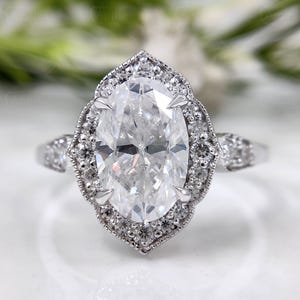 Art Deco Oval Engagement Ring, Vintage Inspired Ring, Vintage Halo Wedding Ring, Antique Style Milgrain Ring, Floral Silver Rings For Women