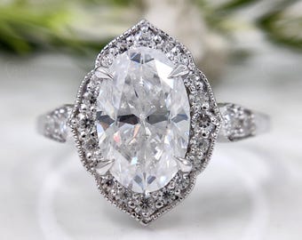 Art Deco Oval Engagement Ring, Vintage Inspired Ring, Vintage Halo Wedding Ring, Antique Style Milgrain Ring, Floral Silver Rings For Women