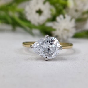 Two Tone Pear Shaped Solitaire Engagement Ring, Moissanite Solitaire Ring For Women, East To West Pear Yellow And White Gold Ring