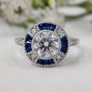 Sapphire Target Ring, Sapphire And Moissanite Estate Rings For Women, Round Bezel Set Moissanite Ring, 925 Silver Art Deco Vintage Ring