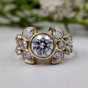 Bubble Statement Ring For Women, Moissanite Scatter Ring, Cluster Engagement Ring, Rubover Round Ring, Bezel Set Moissanite Ring