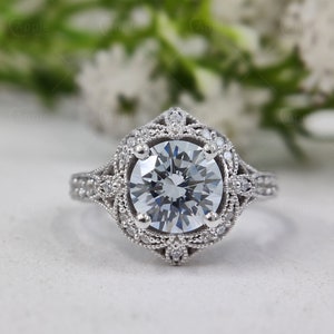 Vintage Inspired Moissanite Milgrain Engagement Ring, 18K Filigree Art Deco Estate Ring  For Her
