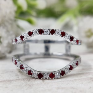 Alternating Red Ruby And Moissanite Ring Enhancers And Wraps, Double Curved Wedding Bands Women, Ruby Ring Jacket For Women, Ring Guard