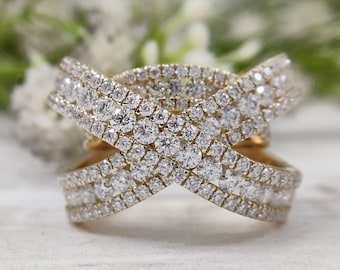Criss Cross Moissanite Statement Ring, Sterling Silver Crossover Band