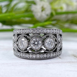 Art Deco Vintage Wedding Bands For Women, Milgrain Wide Anniversary Rings, Moissanite Flower Filigree Band, Thick Statement Band Ring