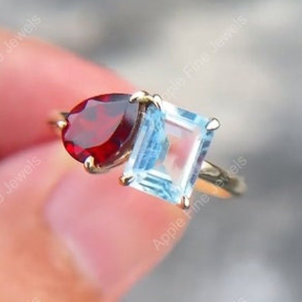 Bague de fiançailles Toi et Moi, pierre de naissance mars/juillet, bague deux pierres, bague double pierre gemme, bagues aigue-marine et rubis femme, cadeau pour maman