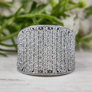 Silver Anniversary Rings For Women, Micro Pave Set Wedding Band, Wide Moissanite Band Ring, Multi Row Moissanite Band, Chunky Statement Ring