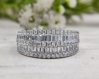 Baguette Half Eternity Anniversary Bands, Moissanite Wide Wedding Band, Half Eternity Chunky Band, 5 Row Wide Band Ring, Promise Ring