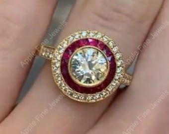 Estate Jewelry Rings For Women, Ruby Target Ring, Art Deco Vintage Moissanite Engagement Ring, Double Halo Wedding Ring, Milgrain Ring