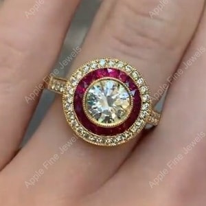 Anelli di gioielli d&#39;epoca per le donne, anello Ruby Target, anello di fidanzamento Art Déco Vintage Moissanite, anello nuziale Double Halo, anello Milgrain
