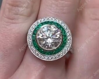 Art Deco Moissanite Ring, Emerald Double Halo, 925 Sterling Silver