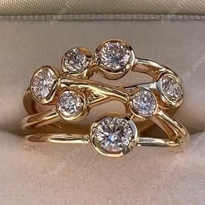 Crossover Bezel Set Ring, Moissanite Scatter Ring, Multi Stone Bubble Ring, Silver Statement Cocktail Ring, Three Row Women Moissanite Ring