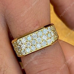 Mens Moissanite Ring, Mens Moissanite Wedding Band, Micro Pave Set Engagement Ring, Unique Promise Ring For Him, Gold Plated Silver