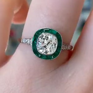 Bague de fiançailles ancienne taille européenne ancienne, bague vintage art déco, bague émeraude et diamant, bague taille coussin vieille mine, bague de promesse en argent