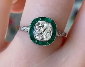 Antiker Altschliff Verlobungsring, Art Deco Vintage Ring, Smaragd Und Diamantring, Alter Minenkissenschliffring, Silberversprechen Ring