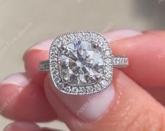 Art Deco Moissanite Ring, Vintage Inspired Milgrain Ring, Moissanite Cushion Cut Halo Engagement Ring, 3D Gold Promise Ring For Women