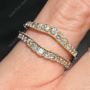 Art Deco Vintage Ring Enhancer, Enhancer Jacket Ring, Milgrain Moissanite Enhancer Wedding Band, Ring Guard, Unique Double Gold Band