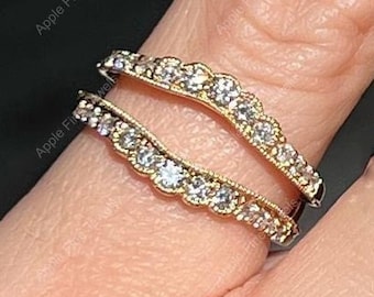 Anillo Art Déco de Moissanita, Alianza de Oro de 10k, Protector de Plata Esterlina