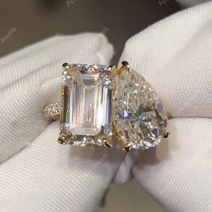 Toi Et Moi Diamond Rings For Women, Lab Grown Diamond Two Stone Engagement Ring, Pear Shaped And Emerald Cut Ring, Promise Ring For Her