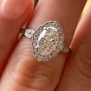 Art Deco Oval Engagement Ring, Vintage Inspired Ring, Vintage Halo Wedding Ring, Antique Style Milgrain Ring, Floral Silver Rings For Women