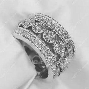 Art Deco Vintage Anniversary Band, Filigree Wedding Bands Women, Moissanite Vintage Band, 925 Silver Thick Band, Milgrain Promise Ring