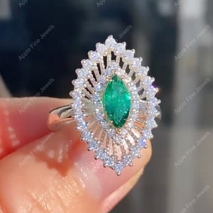 Starburst Engagement Ring, Gatsby Ring, Vintage Art Deco Rings For Women, Marquise Emerald And Diamond Ring, Unique Promise Ring, 925 Silver
