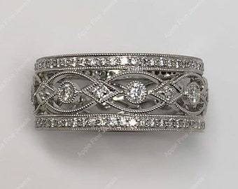 925 Silver & White Gold Filigree Wedding Band, Wide Band Rings For Women, Moissanite Vintage Band, Antique Anniversary Band, Art Deco Band