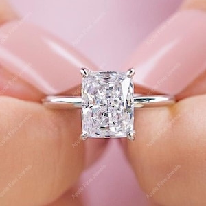 Radiant Cut Moissanite Engagement Ring, Radiant Cut Solitaire Ring, Hidden Halo Moissanite Ring, Rectangle Stone Ring, Silver Promise Ring