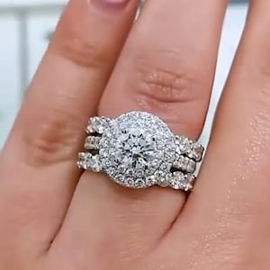 Set di fedi nuziali in moissanite per donna, set di fedi di fidanzamento con doppio alone, set di fedi nuziali uniche, anello trio, anello di promessa per lei, argento