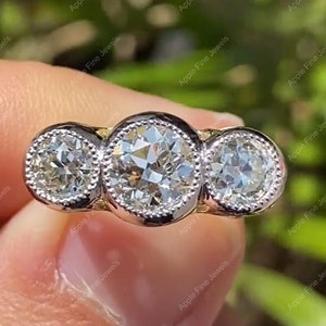 Bezel Set 3 Stone Moissanite Ring, Two Tone Engagement Ring, Vintage Inspired Ring, Art Deco Milgrain Ring, Unique Triple Stone Ring Silver