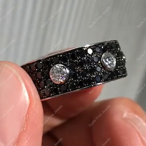 Black Moissanite Diamond Mens Ring, 925 Sterling Silver Men Pave Wedding Band, Full Eternity Band, Black Moissanite Anniversary Band For Him
