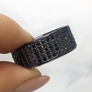 Black Moissanite Wedding Band, Mens Black Ring With Black Diamond, Full Eternity Anniversary Rings For Men, Five Row Micro Pave Set Ring