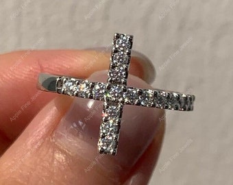 Moissanite Diamond Cross Ring, Sideways Cross Rings For Women, Spiritual Ring, 925 Silver & Gold Christian Religion Ring, Jesus Ring