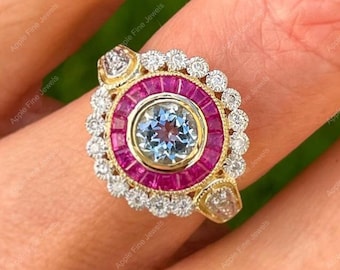 Art Deco Aquamarine Ring, Antique Engagement Ring, Vintage Rings For Women, Ruby Target Ring, Yellow Gold Plated 925 Silver Statement Ring