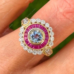Art Deco Aquamarine Ring, Antique Engagement Ring, Vintage Rings For Women, Ruby Target Ring, Yellow Gold Plated 925 Silver Statement Ring