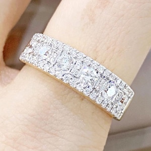 Moissanite Wedding Band Silver, Half Eternity Wedding Bands Women, Moissanite Anniversary bands, Two Tone Vintage Band, Promise Ring For Her