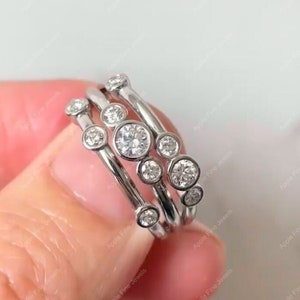 Three Row Multi Stone Ring, 3 Row Scattered Moissanite Ring, Bubble Diamond Ring, Rubover Ring, Statement Rings For Women, Bezel Set Ring