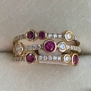 Natürlicher Rubin Und Moissanit Ring, 18K Dreireihige Blase Einzigartige Aussage Ring