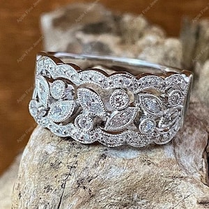 Vintage Filigree Wide Wedding Band, Art Deco Anniversary Bands Women, Unique Moissanite Thick Band Ring, Silver & Gold Half Eternity Band